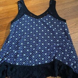 Sheer patterned blue+ lace bottom/straps tank top